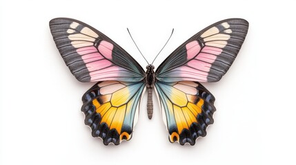 Obraz premium Macro shot of a colorful butterfly with its wings fully opened, displaying a range of vibrant hues in high resolution.