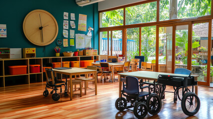 Bright and spacious classroom with accessible features and engaging learning environment for children in a modern educational setting