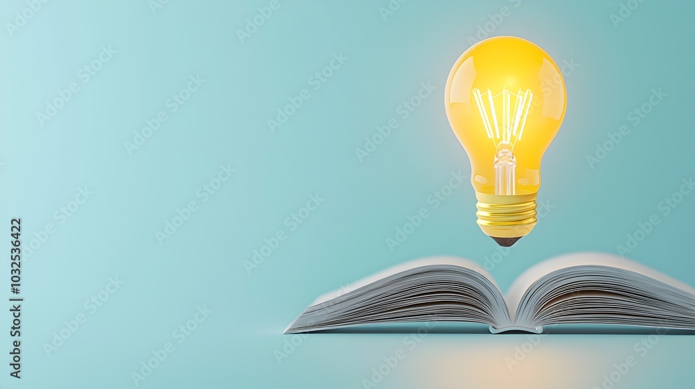 Poster illuminating ideas a glowing light bulb above an open book symbolizing creative knowledge and futuri
