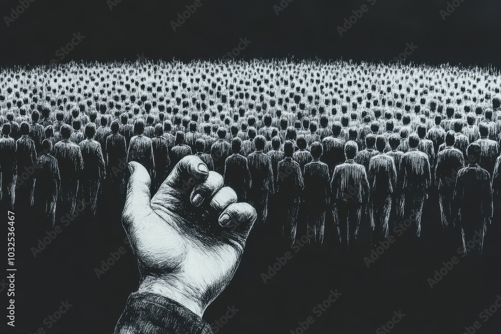 Aufkleber hand holding a field of small identical human figures symbolizing conformity social order and the co