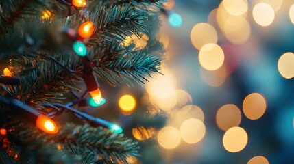 Obraz premium A close-up of colorful lights on a Christmas tree, soft bokeh background
