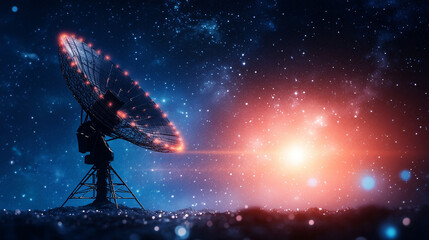 
Satellite dish standing tall, merged with an expansive night sky and digital signals, symbolizing space communication in double exposure