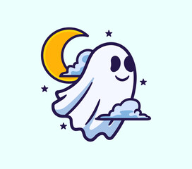 Ghost Cartoon with Moon and Clouds - Perfect for Halloween Designs and Festive Illustrations