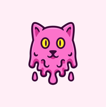Pink Melting Cat Illustration in Cartoon Style with Bold Color