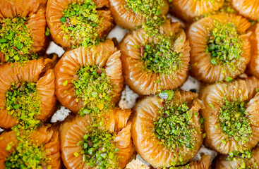 Traditional Turkish sweet dessert baklava with pistachios.