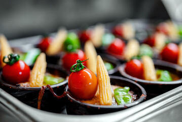 Baked potato gratin topped with tomato, paprika and corn.