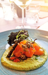 Salmon with pea puree. Haute cuisine.