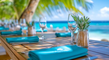 Obraz premium Inviting beachside restaurant featuring rustic wooden tables and ocean views in a vibrant atmosphere