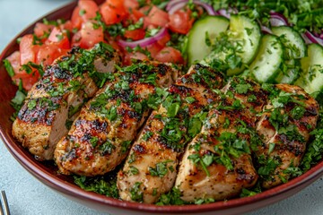 Grilled Chicken Breast with Tomato, Cucumber, and Red Onion Salad
