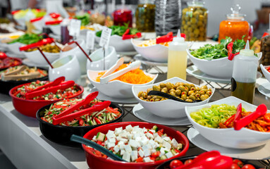 Chopped vegetables and vegetable salads. All-inclusive concept.