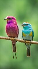 Fototapeta premium Vibrant pair of colorful birds perched on branch in lush greenery