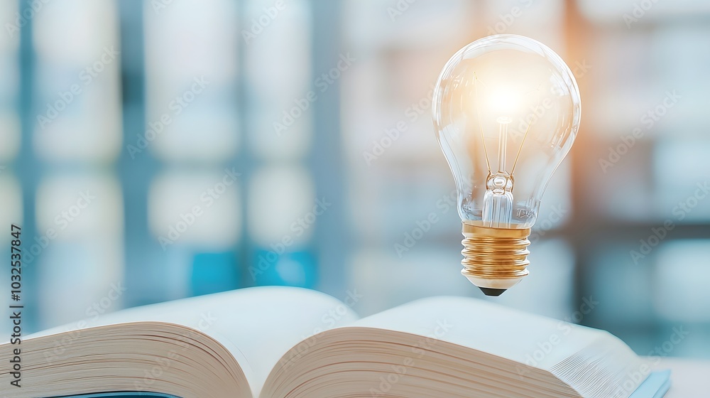 Poster illuminated ideas a glowing light bulb above an open book - sparks of knowledge for futuristic learn