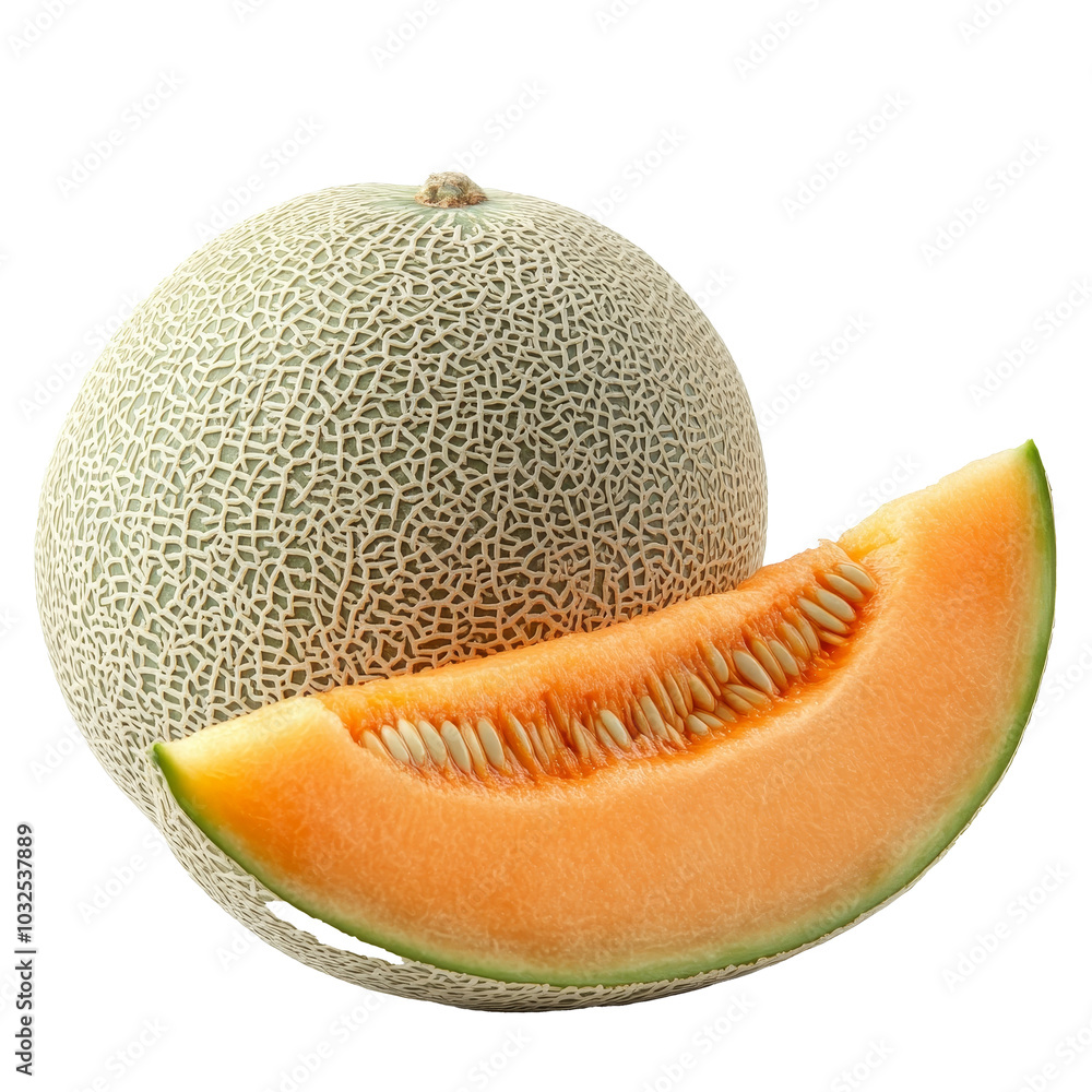 Poster fresh orange cantaloupe with seeds and green rind cut into a slice on a transparent background for c