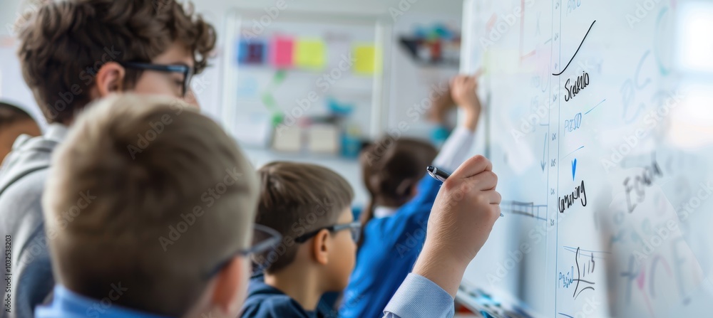 Poster interactive learning: teacher engaging students in modern classroom setting