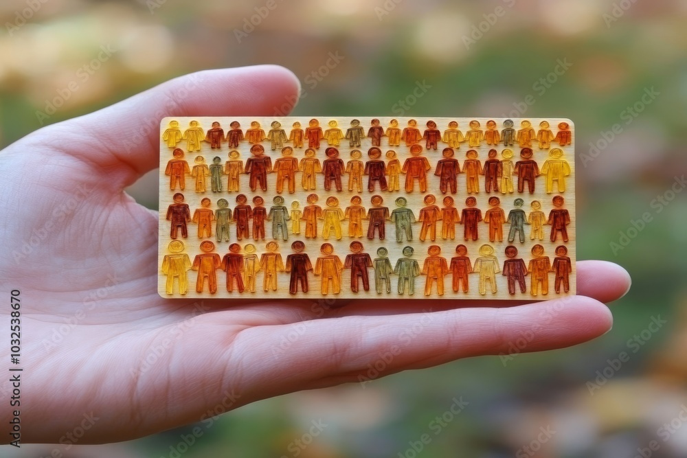Poster close up of a hand holding a small rectangular object filled with colorful human figures symbolizing