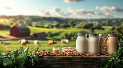 On the left side, a traditional dairy farm with cows grazing in green fields under a blue sky. The farm is peaceful, with a red barn in the background.