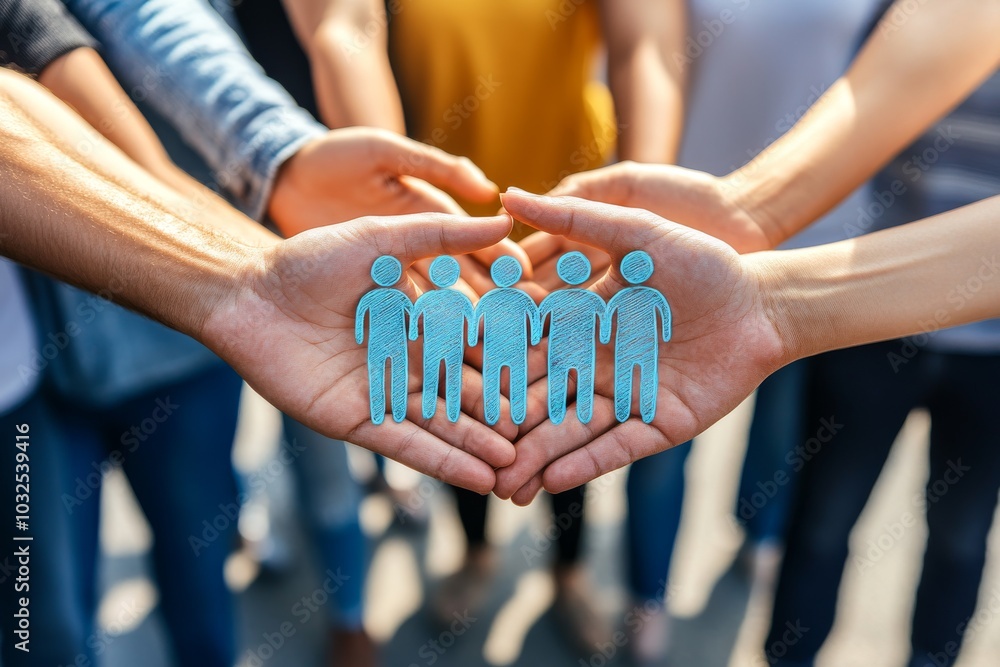 Poster hands holding a group of blue paper cutout figures symbolizing teamwork inclusion and social unity w