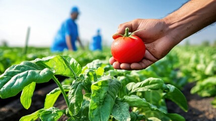 Hand holding ripe tomato in a vibrant field of fresh vegetables.
