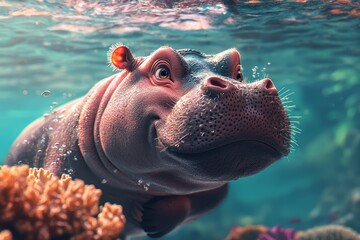 Snarky baby hippo with a snorkel, swimming in a vibrant coral reef, 3D underwater scene, sarcastic expression