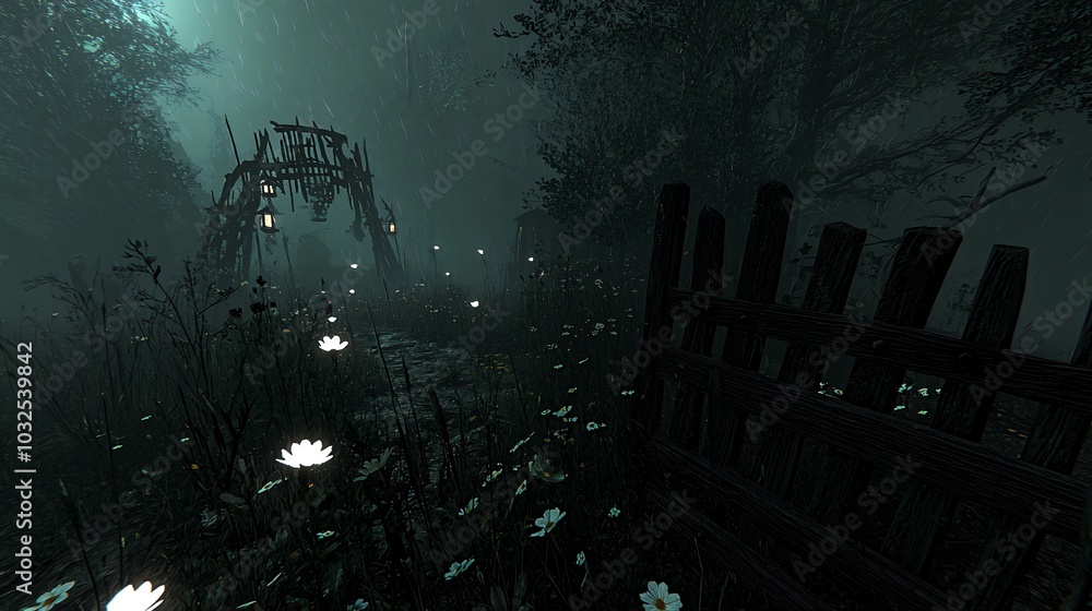 Poster a mysterious and eerie pathway through a dense forest, shrouded in fog with an archway in the distan