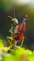 A grasshopper playing a violin on a leaf