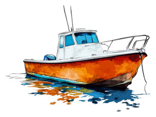 Orange boat on calm waters isolated on transparent background