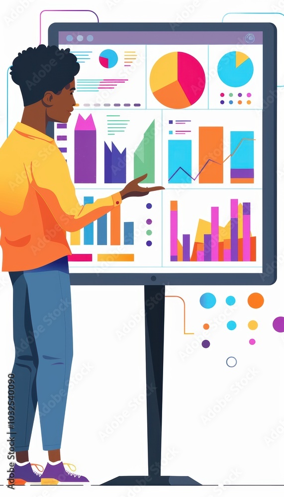 Poster digital marketing analysis with colorful graphs on tablet for ad campaign performance review