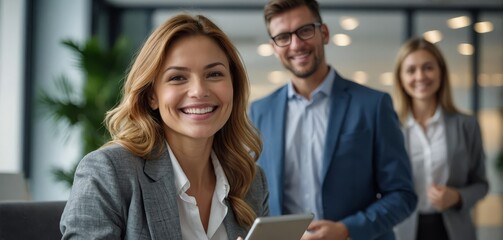 Woman and business people in meeting in office workplace. Face smile, teamwork and happy man, female or employees with tablet technology planning sales strategy or researching information
