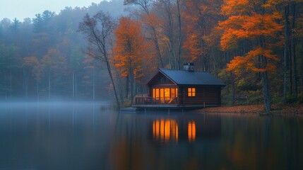 Fototapeta premium A quaint cabin reflects soft light onto a serene lake, enveloped by colorful autumn foliage and morning fog, creating a tranquil atmosphere.