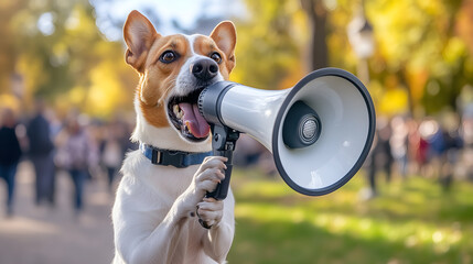 A dog is using a loudspeaker to communicate.