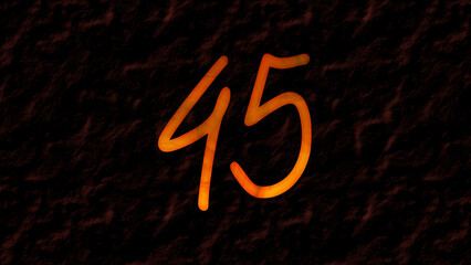 3D fire text effect of number 45 on dark background.	