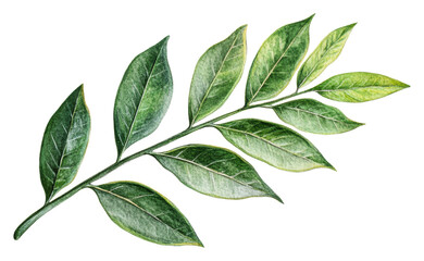 Sunlit green leaf branch illustration isolated on transparent background