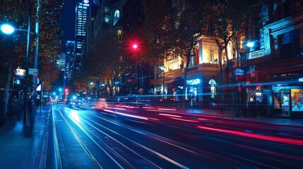 Obraz premium Nighttime shot of a city street illuminated by architectural lighting, showcasing nightlife