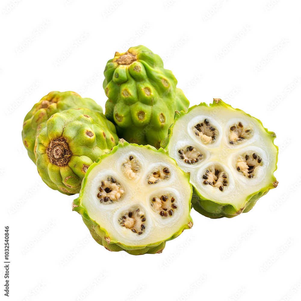 Poster noni fruit sliced and whole displayed on a transparent background, showcasing its unique texture and