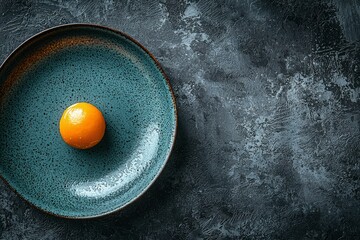 Single Orange Sphere Resting on a Blue and Brown Speckled Plate