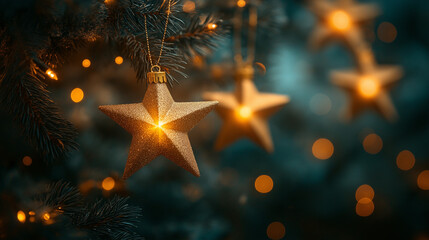 Christmas tree with gold bauble ornaments. Decorated Christmas tree closeup. Balls and illuminated garland with flashlights. New Year with bokeh. Winter holiday light decoration