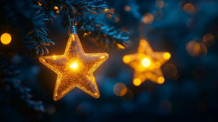 Merry Christmas! Big Christmas star glowing on snowy pine tree in winter park at night, close up....