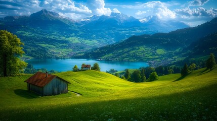 A small house in the middle of a green field next to a lake