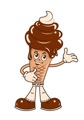 A retro character in the form of a chocolate ice cream cone. Funny groovy character from in denim trousers. Retro character in the hippie style of the 70s.
