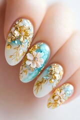 A woman's hand holding a blue and white manicure with gold flowers on it