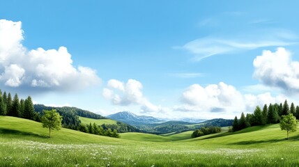 Scenic green valley with blue sky and fluffy clouds, serene natural landscape.