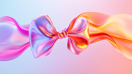 Glossy 3D bow with smooth ribbons in iridescent shades of pink, purple, blue, and yellow. evoke a modern and elegant feel.