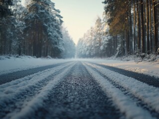Obraz premium Snowy Road in a Forested Area, Empty