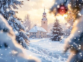 The scene is a winter wonderland with a church steeple peeking through the snow-laden branches of a pine tree The scene is bathed in the golden light of the setting