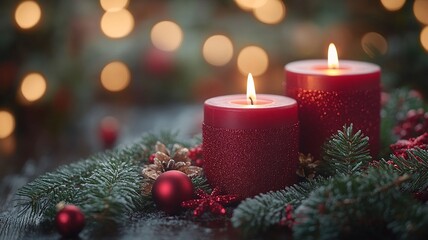 Red Candles on a Festive Table With Greenery Ornaments and Soft Lights in December