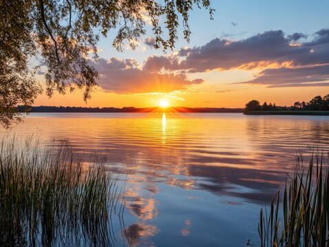 Sunset over calm lake