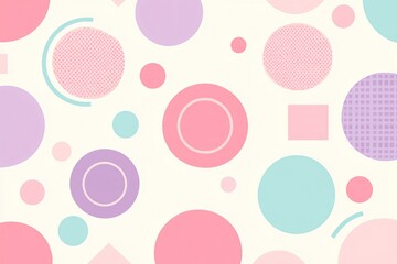 The scene is a colorful abstract pattern with pastel-colored circles and squares against a white background There are many different sizes and patterns of circles with some featuring patterns like