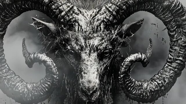 A close-up of a demonic goat's head with large, curled horns, captured in black and white