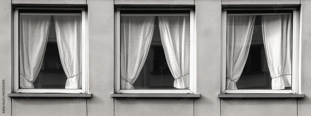 Aufkleber flowing curtains in a row of identical open windows, creating a harmonious and inviting atmosphere i