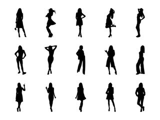 Set of Beautiful Fashion Girl Silhouette in various poses isolated on white background